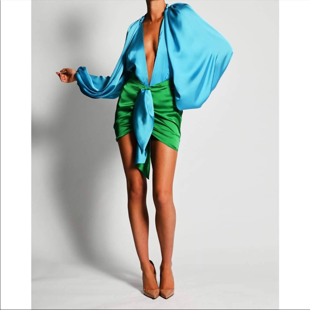 Aqua Blue + Green Puffy Sleeve Top/Skirt Set